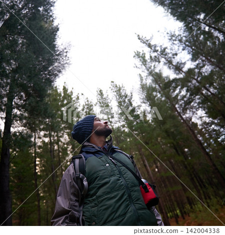 Man, forest and thinking on hiking for adventure or survival as fitness routine, exercise and workout in France. Low angle, outdoor and woods with nature, peace and rest on holiday in winter. Man, forest and thinking on hiking for adventure or survival as fitness routine, exercise and workout in France. Low angle, outdoor and woods with nature, peace and rest on holiday in winter. 142004338