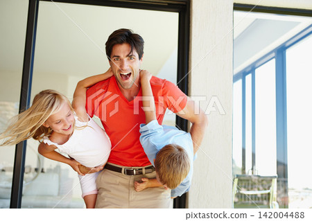 Father, kids and bonding in portrait in home for family with fun for development, outside and happiness. Dad, son and daughter in outdoors with enjoyment for relationship with smiling for childhood Father, kids and bonding in portrait in home for family with fun for development, outside and happiness. Dad, son and daughter in outdoors with enjoyment for relationship with smiling for childhood 142004488