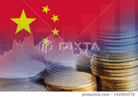 China flag with stock market finance, economy trend graph digital technology. 142004578