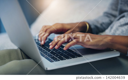 Writer, house or hands of person on laptop for networking on email or online research in remote work. Typing closeup, communication or editor copywriting on blog website, feedback or internet article Writer, house or hands of person on laptop for networking on email or online research in remote work. Typing closeup, communication or editor copywriting on blog website, feedback or internet article 142004639