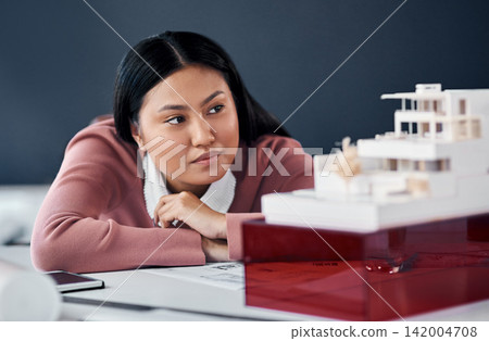 Woman, architect and thinking by model for project in office with ideas, design and inspiration for solution. Person, engineer and property developer by building, house or check at agency in Jakarta Woman, architect and thinking by model for project in office with ideas, design and inspiration for solution. Person, engineer and property developer by building, house or check at agency in Jakarta 142004708