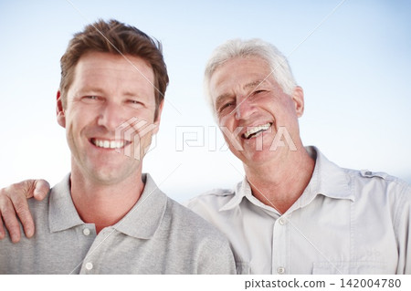 Senior father, man and hug for portrait with smile, outdoor and bonding on vacation with summer sky. Elderly dad, son and happy together with nature, sunshine and connection on holiday in Australia 142004780