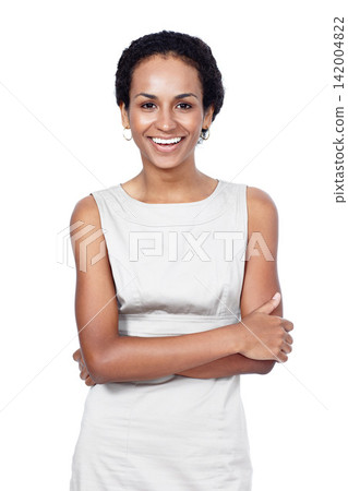 Portrait, crossed arms and business woman in studio with company pride, confidence and smile. Creative startup, professional and isolated person thinking for career, work and job on white background Portrait, crossed arms and business woman in studio with company pride, confidence and smile. Creative startup, professional and isolated person thinking for career, work and job on white background 142004822