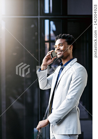 Happy, black man and business trip with phone call in city for travel, career opportunity or job discussion. African businessman or employee with smile on mobile smartphone in conversation or commute Happy, black man and business trip with phone call in city for travel, career opportunity or job discussion. African businessman or employee with smile on mobile smartphone in conversation or commute 142004928