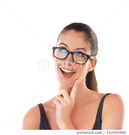 Glasses, thinking and woman in studio excited with ideas, opportunity and mockup space. Vision, planning and creative girl isolated on white background for inspiration, insight or happy smile on face Glasses, thinking and woman in studio excited with ideas, opportunity and mockup space. Vision, planning and creative girl isolated on white background for inspiration, insight or happy smile on face 142004990