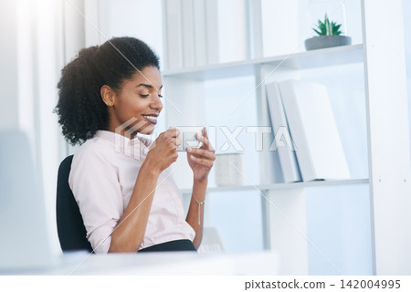 Office, business and woman with coffee, smile and corporate professional with peace, aroma and smelling. Latte, employee and consultant with morning tea, thinking and insurance agent in workplace Office, business and woman with coffee, smile and corporate professional with peace, aroma and smelling. Latte, employee and consultant with morning tea, thinking and insurance agent in workplace 142004995