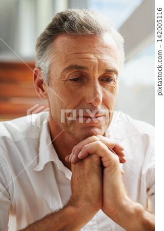 Senior man, hands and thinking at home for decision, choice or idea on retirement and pension. Mature person, thought or wonder in house contemplating for memories, reflection or moment alone Senior man, hands and thinking at home for decision, choice or idea on retirement and pension. Mature person, thought or wonder in house contemplating for memories, reflection or moment alone 142005116