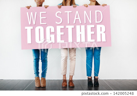 Hands, sign and people for protesting in studio, women rights and solidarity or unity on backdrop. Support, women and words for awareness or freedom, message and letters for equality or together Hands, sign and people for protesting in studio, women rights and solidarity or unity on backdrop. Support, women and words for awareness or freedom, message and letters for equality or together 142005248