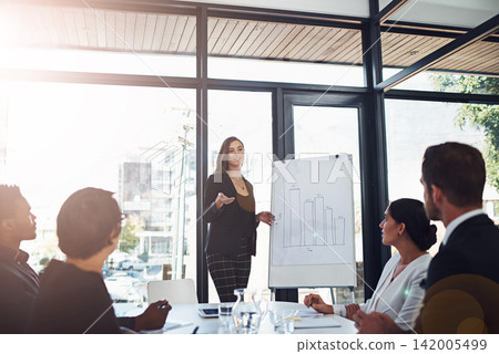 Businesspeople, diversity and team for data, metrics or presentation in boardroom. Group, presenter and speaker in meeting or session for workshop with colleagues in discussion, working and together 142005499