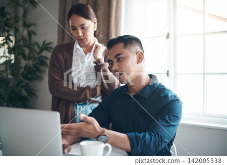 Home, laptop and couple with stress, finance and economy with inflation and online reading with debt or glitch. Apartment, computer or man with woman or stock market crash with mortgage loan or taxes Home, laptop and couple with stress, finance and economy with inflation and online reading with debt or glitch. Apartment, computer or man with woman or stock market crash with mortgage loan or taxes 142005538