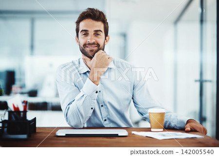 Portrait, businessman and laptop at office desk for work, digital project and trading. Employee, smile and computer for data update, website strategy and research innovation with coffee for beverage Portrait, businessman and laptop at office desk for work, digital project and trading. Employee, smile and computer for data update, website strategy and research innovation with coffee for beverage 142005540