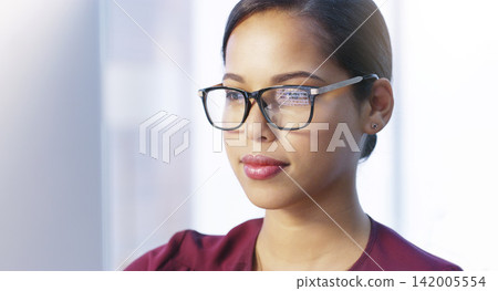 Office, glasses and computer for research, woman and vision for work, job and receptionist in agency. Secretary, laptop and internet in workplace, email and schedule of company by person or employee Office, glasses and computer for research, woman and vision for work, job and receptionist in agency. Secretary, laptop and internet in workplace, email and schedule of company by person or employee 142005554