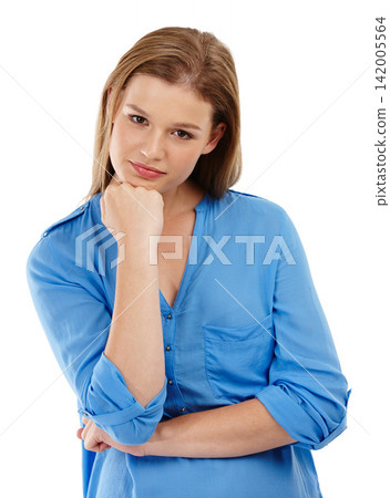 Thinking, fashion and portrait of girl in studio with planning, emoji or problem solving gesture on white background. Face, questions and gen z model with idea for diy, shirt or eco upcycling fabric 142005564