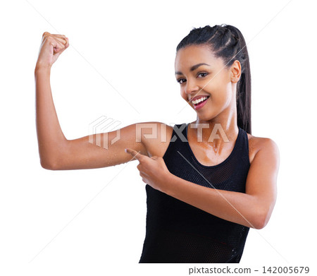 Strong, portrait of woman and muscle from workout, exercise and training for wellness isolated on white background. Show, smile or athlete for performance, gym and energy for sport in studio backdrop Strong, portrait of woman and muscle from workout, exercise and training for wellness isolated on white background. Show, smile or athlete for performance, gym and energy for sport in studio backdrop 142005679