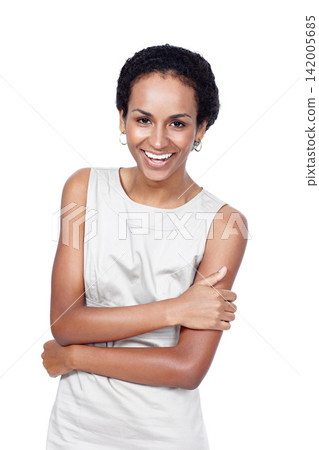 Happy, crossed arms and portrait of business woman in studio with company pride, confidence and smile. Creative startup, professional and isolated person for career, work and job on white background Happy, crossed arms and portrait of business woman in studio with company pride, confidence and smile. Creative startup, professional and isolated person for career, work and job on white background 142005685