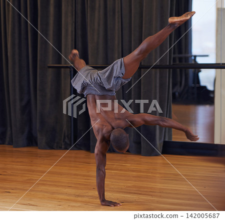 Dance, talent and body in studio for performance, competition show and training with contemporary art. Black man, audition and exercise with balance for health, power movement and activity in class Dance, talent and body in studio for performance, competition show and training with contemporary art. Black man, audition and exercise with balance for health, power movement and activity in class 142005687