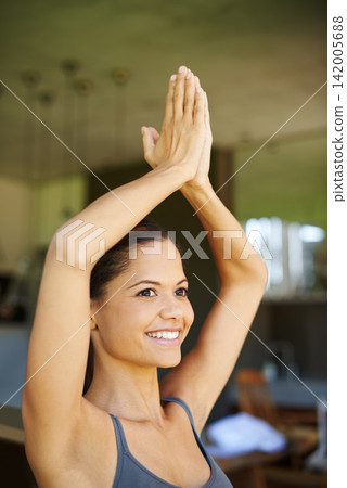 Yoga, exercise and woman with hands together for spiritual wellness, holistic faith or outdoor health class. Female person, smile and happy in prayer pose for meditation, calm or zen training Yoga, exercise and woman with hands together for spiritual wellness, holistic faith or outdoor health class. Female person, smile and happy in prayer pose for meditation, calm or zen training 142005688
