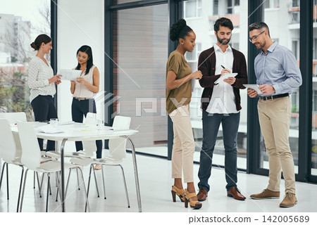 Office, staff and tablet with notes, planning and teamwork for b2b report or project. Man, woman and communication for collaboration, partnership and small business meeting with iot discussion group Office, staff and tablet with notes, planning and teamwork for b2b report or project. Man, woman and communication for collaboration, partnership and small business meeting with iot discussion group 142005689