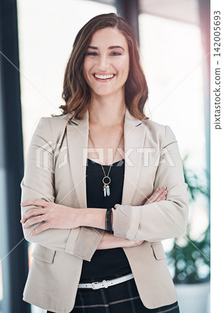 Business woman, smiling and in portrait confident for new employment opportunity, career or company. Girl, happy and positive for entrepreneurship, working or start up creation and management Business woman, smiling and in portrait confident for new employment opportunity, career or company. Girl, happy and positive for entrepreneurship, working or start up creation and management 142005693