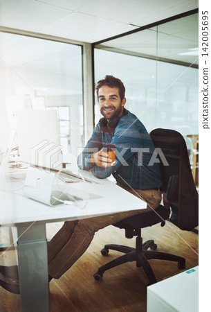 Man, laptop and portrait in office for web project, career review online and email feedback on digital report with coffee. Creative designer and smile with tech and beverage for internet research Man, laptop and portrait in office for web project, career review online and email feedback on digital report with coffee. Creative designer and smile with tech and beverage for internet research 142005695