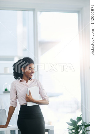 Business, thinking and proud woman with tablet in office for planning, memory or progress, pride and reflection. Digital, app and African manager waiting with consulting, service or b2b appointment Business, thinking and proud woman with tablet in office for planning, memory or progress, pride and reflection. Digital, app and African manager waiting with consulting, service or b2b appointment 142005972