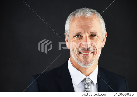 CEO, management and portrait of business man in studio on black background for corporate mission. Company, face and trust with confident mature manager in suit for professional career on space CEO, management and portrait of business man in studio on black background for corporate mission. Company, face and trust with confident mature manager in suit for professional career on space 142006039