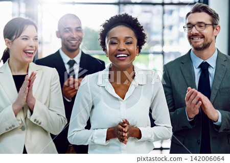Applause, portrait and business woman with team in office for good news, achievement or goal. Happy, gratitude and group of financial advisors clapping hands for celebration with person in workplace. Applause, portrait and business woman with team in office for good news, achievement or goal. Happy, gratitude and group of financial advisors clapping hands for celebration with person in workplace. 142006064