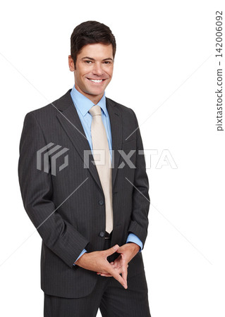 Portrait, businessman and smiling with suit, isolated and confidence in studio or white background. Male person, well dressed and happy in backdrop for recruitment, hiring and job opportunity Portrait, businessman and smiling with suit, isolated and confidence in studio or white background. Male person, well dressed and happy in backdrop for recruitment, hiring and job opportunity 142006092