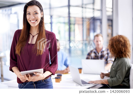 Woman, portrait and tablet in happy business, web designer and creative career or online networking for research. Internet, company and coworking workplace, reading and review project or employee Woman, portrait and tablet in happy business, web designer and creative career or online networking for research. Internet, company and coworking workplace, reading and review project or employee 142006093