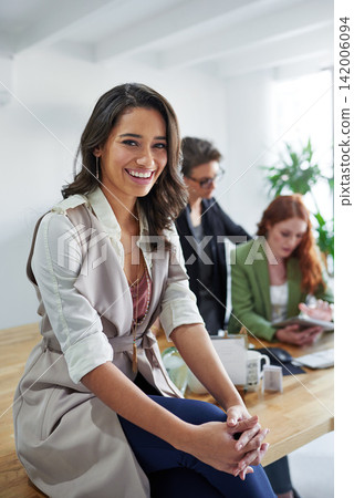 Face, woman and computer in modern office for editing career with smile, internet and team research. Tech, planning and portrait of female copywriter at agency for creative job, teamwork and online Face, woman and computer in modern office for editing career with smile, internet and team research. Tech, planning and portrait of female copywriter at agency for creative job, teamwork and online 142006094