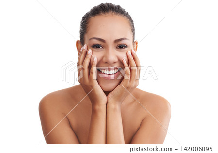 Happy woman, portrait and beauty with skincare for facial treatment or cosmetics on a white studio background. Face of young female person, brunette or model with smile for cosmetology or dermatology Happy woman, portrait and beauty with skincare for facial treatment or cosmetics on a white studio background. Face of young female person, brunette or model with smile for cosmetology or dermatology 142006095