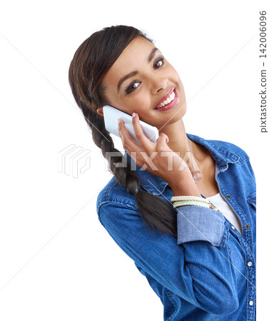 Phone call, happy and portrait of girl in studio for communication, contact and conversation. News, smile and isolated woman on cellphone for talking, networking and chat online on white background 142006096