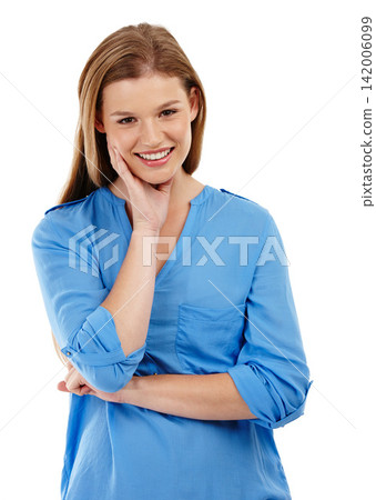 Girl, fashion and studio for happy portrait, teenager and smile or resting in comfortable clothes. Upcycling, thinking and white background and happiness, idea and outfit or isolated in casual wear 142006099