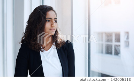 Woman, window and thinking of business ideas for future in career, planning or brainstorming. Inspiration, insight and mission, problem solving for solution and decision with professional goals Woman, window and thinking of business ideas for future in career, planning or brainstorming. Inspiration, insight and mission, problem solving for solution and decision with professional goals 142006118