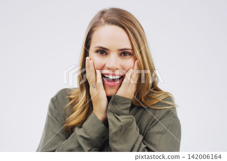 Woman, portrait and shock in studio for fake news, sale and wtf or omg for prize on white background. Female person, surprise and overwhelmed or wow for info, winner and discount or excited for deal 142006164