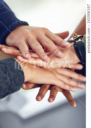 Stack, hands and business people with teamwork, cooperation and motivation for project launch. Staff, group or men with women and palms together with collaboration, support or company goal with trust 142006167
