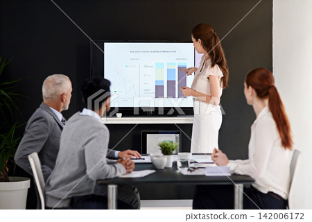 Business people, woman and discussion in presentation with graph for data analysis or financial growth of company. Collaboration, team or explain in meeting with stats report or charts with rear view Business people, woman and discussion in presentation with graph for data analysis or financial growth of company. Collaboration, team or explain in meeting with stats report or charts with rear view 142006172