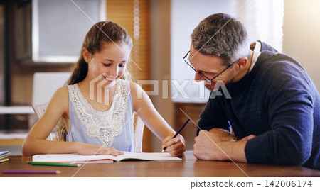 Father, girl child and help with homework, education and learning with notebook for writing, school and bonding. Man, daughter and study time in living room, knowledge and development at family home Father, girl child and help with homework, education and learning with notebook for writing, school and bonding. Man, daughter and study time in living room, knowledge and development at family home 142006174
