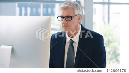 Mature man, corporate and pc on desktop for executive job, internet connection and reading email. Expertise, technology and face of senior ceo in workplace with business, checking schedule and online Mature man, corporate and pc on desktop for executive job, internet connection and reading email. Expertise, technology and face of senior ceo in workplace with business, checking schedule and online 142006178