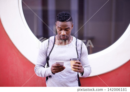 Student, black man and online in city with smartphone for information on university schedule or classes. Male pupil, cellphone and internet for research on navigation website for directions in town. Student, black man and online in city with smartphone for information on university schedule or classes. Male pupil, cellphone and internet for research on navigation website for directions in town. 142006181