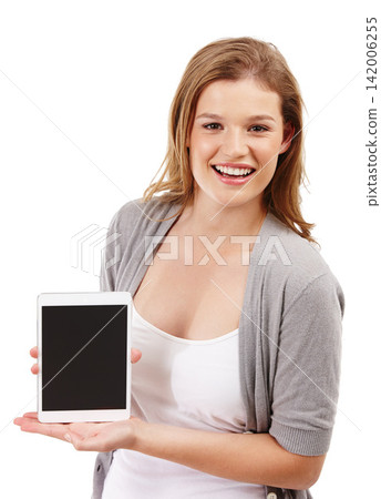 Woman, studio and tablet with mockup, screen and for web promotion or internet app. Model, technology and smile for social media, online brand and portrait for advertising discount or ui space Woman, studio and tablet with mockup, screen and for web promotion or internet app. Model, technology and smile for social media, online brand and portrait for advertising discount or ui space 142006255