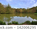 Tranquil Lake Reflecting Autumn Trees and Blue Sky. 142006295