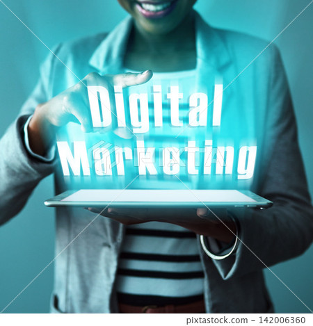 Digital marketing, tablet and business woman with hologram and words for creative career. Abstract, blue light and professional female marketer with text and technology for advertising project. Digital marketing, tablet and business woman with hologram and words for creative career. Abstract, blue light and professional female marketer with text and technology for advertising project. 142006360