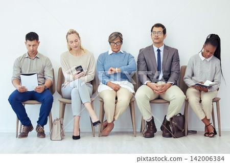 Row, waiting and people in line for business interview, onboarding and recruitment for corporate career. Diversity, sitting and meeting with hr for hiring, candidates and job time for appointment. 142006384