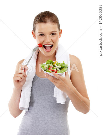 Healthy, eating and portrait, girl and salad in studio, white background and wellness for body. Health, vegan and vegetables for nutrition, female person and smile for vitamin c and happy for diet Healthy, eating and portrait, girl and salad in studio, white background and wellness for body. Health, vegan and vegetables for nutrition, female person and smile for vitamin c and happy for diet 142006385