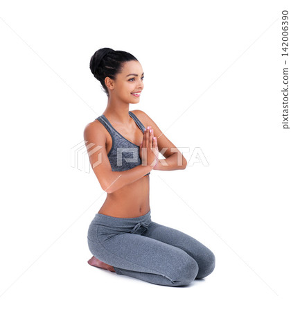 Namaste, meditation and woman in yoga exercise on studio, white background with happiness in mockup space. Holistic, mindfulness and girl smile in workout or training for health, wellness and zen Namaste, meditation and woman in yoga exercise on studio, white background with happiness in mockup space. Holistic, mindfulness and girl smile in workout or training for health, wellness and zen 142006390