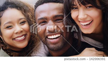 Comedy, diversity and portrait with funny friends closeup together for humor, joking or playful joy. Comic, face and laughing with group of excited young people having fun outdoor for bonding 142006391