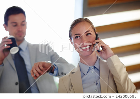 Business people, phone call and communicate with management for deal, negotiation or agreement. Man, woman and happy talking to assistant for campaign results, career prospects or company growth Business people, phone call and communicate with management for deal, negotiation or agreement. Man, woman and happy talking to assistant for campaign results, career prospects or company growth 142006593