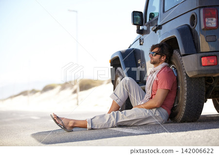 Male wander, outdoor and vehicle for travel, vacation or solo trip for relaxing break on summer holiday. Young man, tourist or traveler and sitting for view, explore and adventure on mockup Male wander, outdoor and vehicle for travel, vacation or solo trip for relaxing break on summer holiday. Young man, tourist or traveler and sitting for view, explore and adventure on mockup 142006622