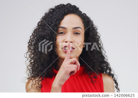 African woman, portrait and finger with hush, studio and silence for mystery announcement. Model, gossip and secret with rumor, whisper and gesture for news or noise with privacy on white background African woman, portrait and finger with hush, studio and silence for mystery announcement. Model, gossip and secret with rumor, whisper and gesture for news or noise with privacy on white background 142006625